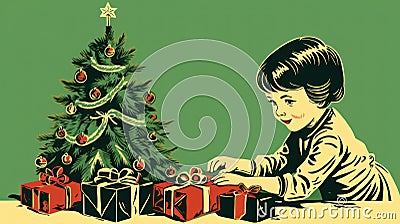 A little girl is opening presents near a christmas tree, AI Stock Photo