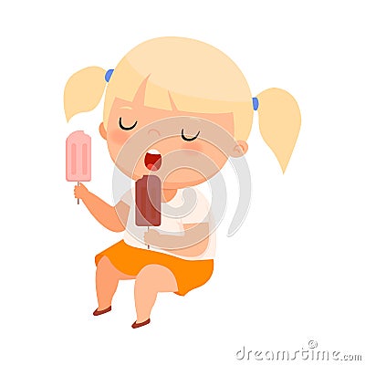 Little Girl with Overweight and Body Fat Overeating Vector Illustration Vector Illustration