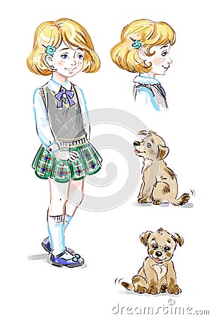 Little girl and a pappy character sketches Stock Photo