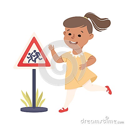 Little Girl Pedestrian Learning Road Sign and Traffic Rule Vector Illustration Vector Illustration