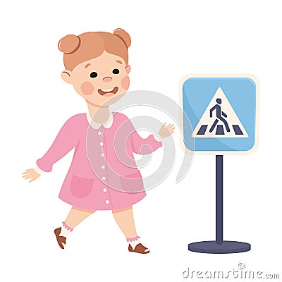 Little Girl Pedestrian Learning Road Sign and Traffic Rule Vector Illustration Vector Illustration