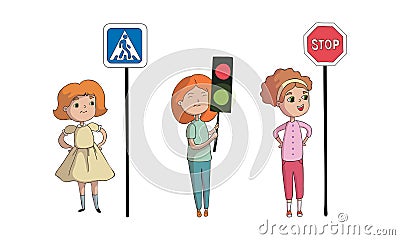 Little Girl Pedestrian Learning Road Sign and Traffic Rule Vector Set Vector Illustration