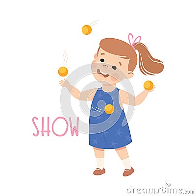 Little Girl Performing Show Juggling Balls Demonstrating Vocabulary and Verb Studying Vector Illustration Vector Illustration