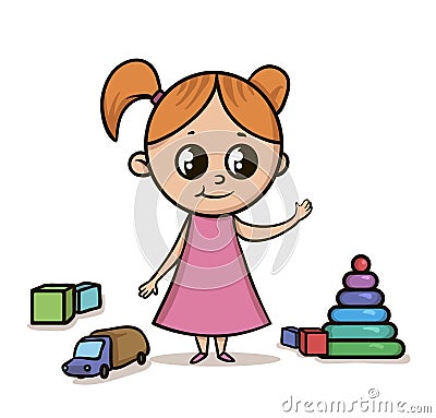 Little girl in pink dress on a playground among toys. Isolated vector illustration on a white background. Big eyes Vector Illustration