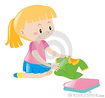 Little girl in pink folding clothes Cartoon Illustration