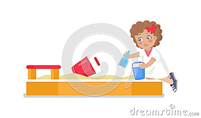 Little Girl Play in Sandbox Putting Sand by Shovel Vector Illustration