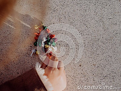 Little girl playing with bombs, colorful firecrackers Stock Photo