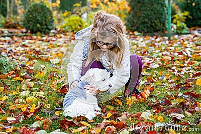 Little girl playing with her pet dog Maltese in park. Happy child and cute puppy. Stock Photo