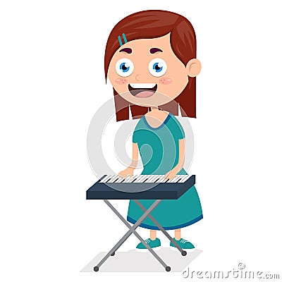 little girl playing piano, young pianist on performance, cartoon vector illustration on white background Vector Illustration