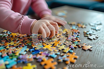 Little girl playing puzzles at home. Child connecting jigsaw puzzle pieces in a living room table. Kid assembling a jigsaw puzzle Stock Photo