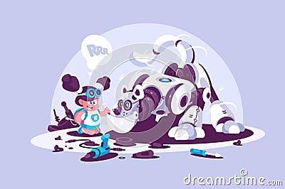 Little girl playing with robotic dog friend Vector Illustration