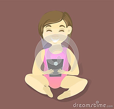 Little girl playing in the tablet, happy baby, happy emotions. kids and gadgets, cartoon characters, Vector Illustration