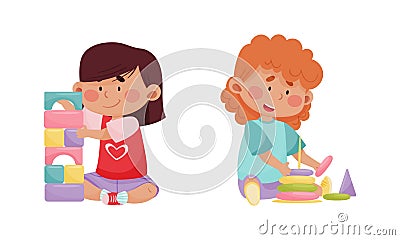 Little Girl Playing with Toy Blocks and Pyramid in Playroom Vector Set Vector Illustration