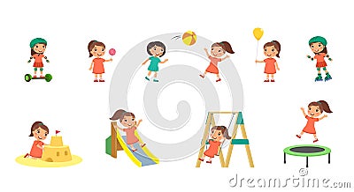 Little girl plays in the playground. Concept of summer entertainment. Child plays different summer games. Sport and recreation. Vector Illustration