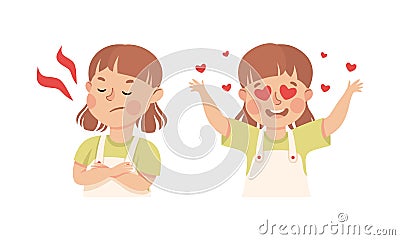 Little Girl with Pouted Face and Heart Demonstrating Facial Expression and Emotion Vector Set Vector Illustration