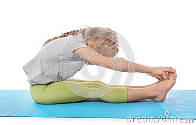 Little girl practicing yoga on white background Stock Photo