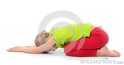 Little girl practicing yoga on white background Stock Photo