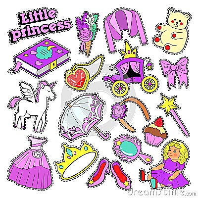 Little Girl Princess Badges, Patches, Stickers with Toys, Unicorn and Clothes Vector Illustration