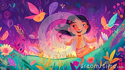 little girl princess in children's abstract violet world, made with Generative AI Cartoon Illustration