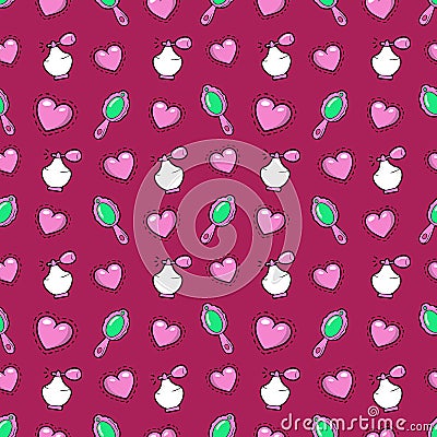 Little Girl Princess Seamless Background with Pink Hearts, Perfume and Mirror Vector Illustration