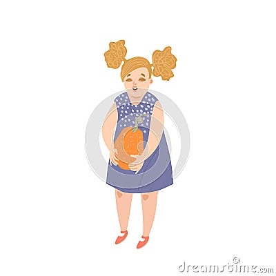 Little girl with a pumpkin in the hands. Harvesting concept Vector Illustration