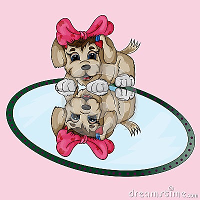 Little girl puppy looks in the mirror Vector Illustration