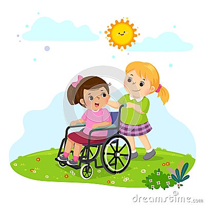 A little girl pushing her friend in a wheelchair Vector Illustration