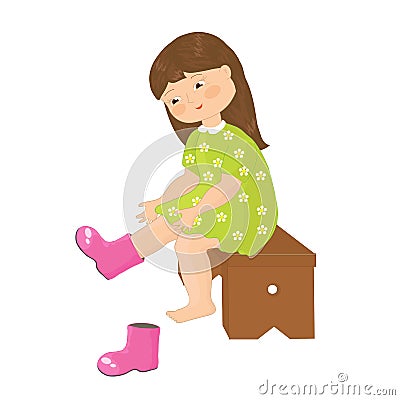 Little girl puts on boots Vector Illustration