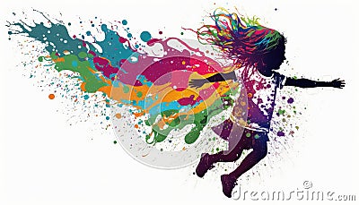 Little girl in a Rainbow splash wave of paint colors Stock Photo