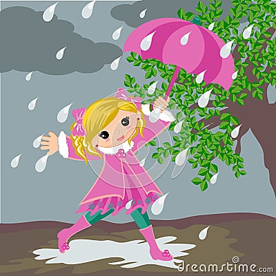 Little girl on Rainy Day Vector Illustration