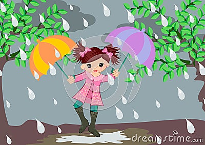 Little girl on Rainy Day Vector Illustration