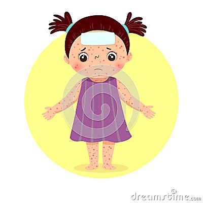 A little girl with rashes all over her body from measles. Health Problems concept Vector Illustration