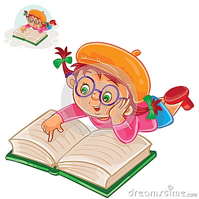 Little girl is reading a book lying on her stomach Vector Illustration