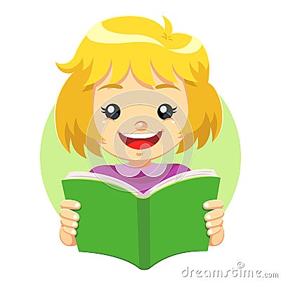 Little Girl Reading A Green Book Vector Illustration