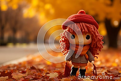 a little girl with red hair standing in the middle of a field of fallen leaves Stock Photo