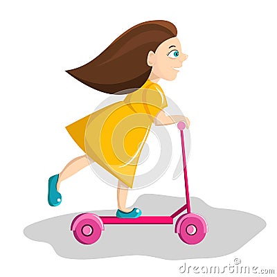 Little girl rides a scooter Vector Illustration