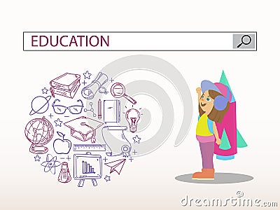 Little girl with rocket and education search engine bar illustration design.vector Cartoon Illustration