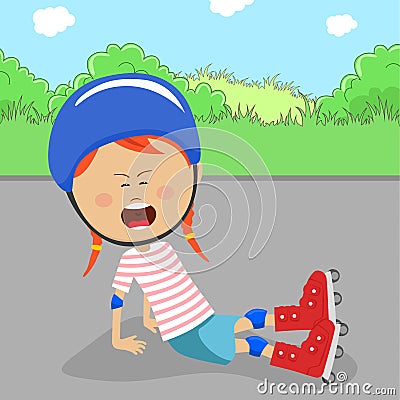 Little girl on rollers in protective gear fell off on road crying Vector Illustration