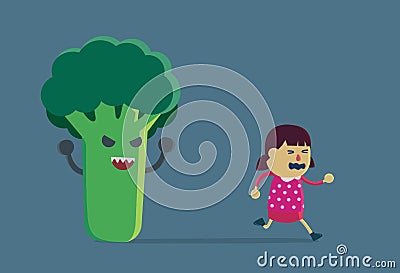 Little girl run away from broccoli Vector Illustration