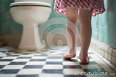 Little girl's legs in a bathroom. Training a toddler to use a toilet. Potty training, hygiene, childhood milestones Stock Photo