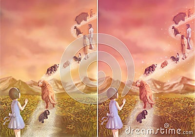 A little girl is saying goodbye to her loving pets and family which going to heaven Stock Photo