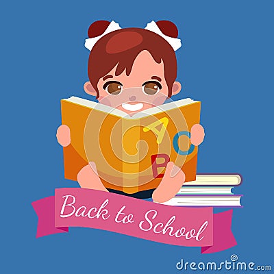 Little girl with school books and notebooks learning with smile, back to school concept Vector Illustration