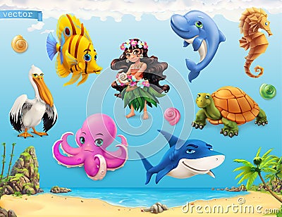 Little girl with a seashell. Funny sea animals and fishes. Vector icon set Vector Illustration