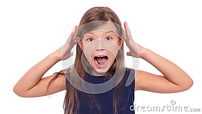 Little girl in shock or stress on white background. Stock Photo