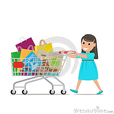 Little Girl with Shopping Trolley Makes Purchases Vector Illustration