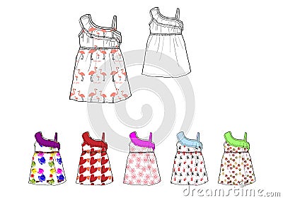 Little girl Shoulder drop dress in various printed design fabric illustration Stock Photo