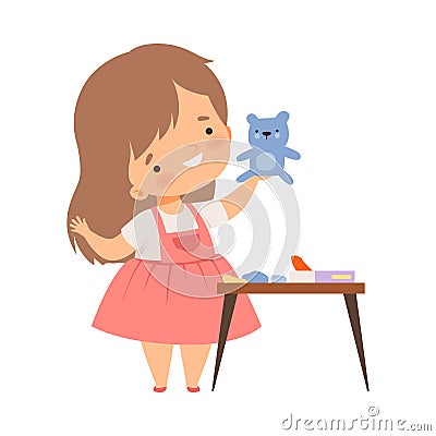 Little Girl Showing Handcrafted Paper Bear Vector Illustration Vector Illustration