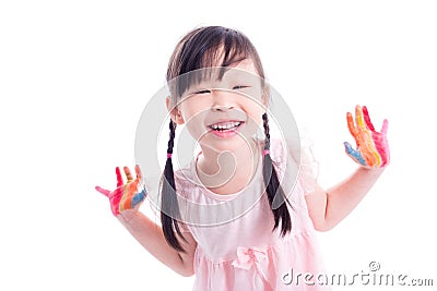 Little girl showing painted hand over white backgrou Stock Photo