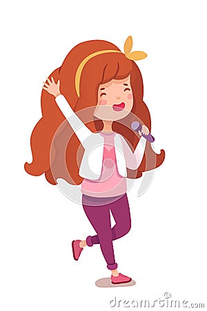Little girl singing sing in microphone on white Vector Illustration
