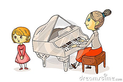 Little girl singing song and teacher plating piano Vector Illustration